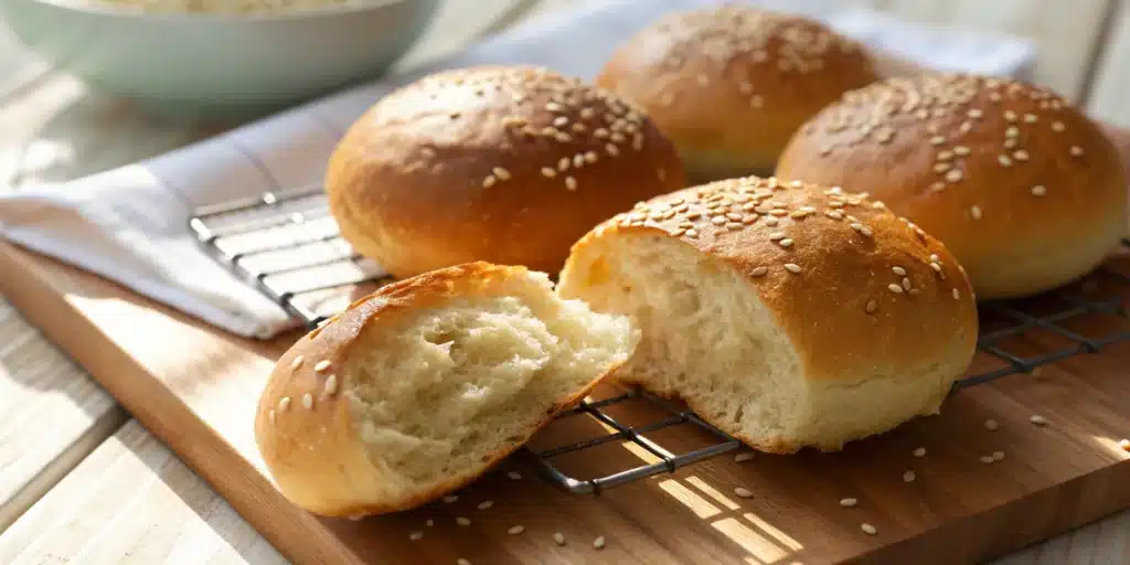 A batch of soft and fluffy gluten free hamburger buns on a wooden cooling rack, with one sliced to show the texture.