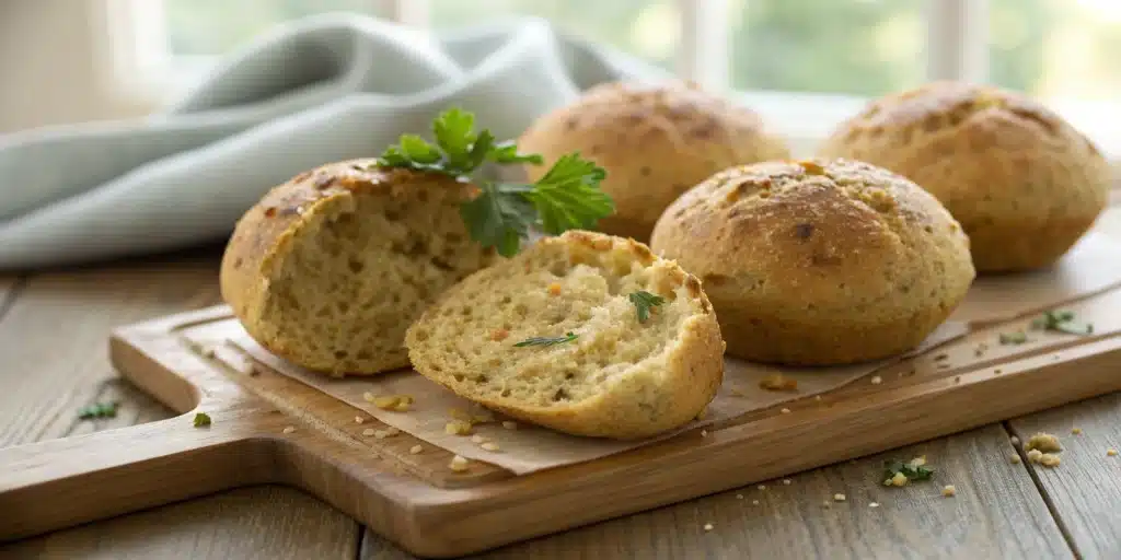 Several golden-brown gluten-free lentil bread rolls on a wooden board, with one sliced to show the hearty interior.