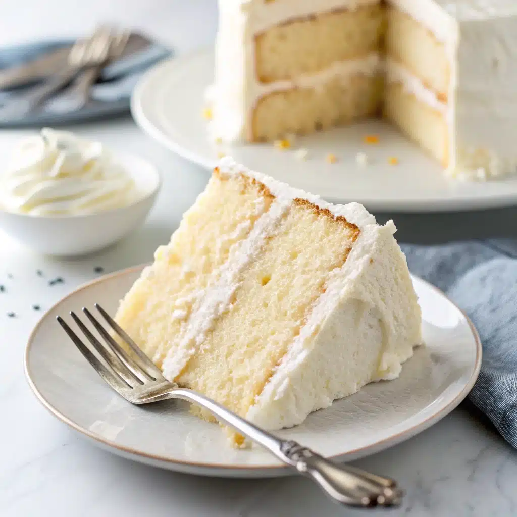 A perfect slice of moist gluten free vanilla cake with fluffy frosting on a white plate.