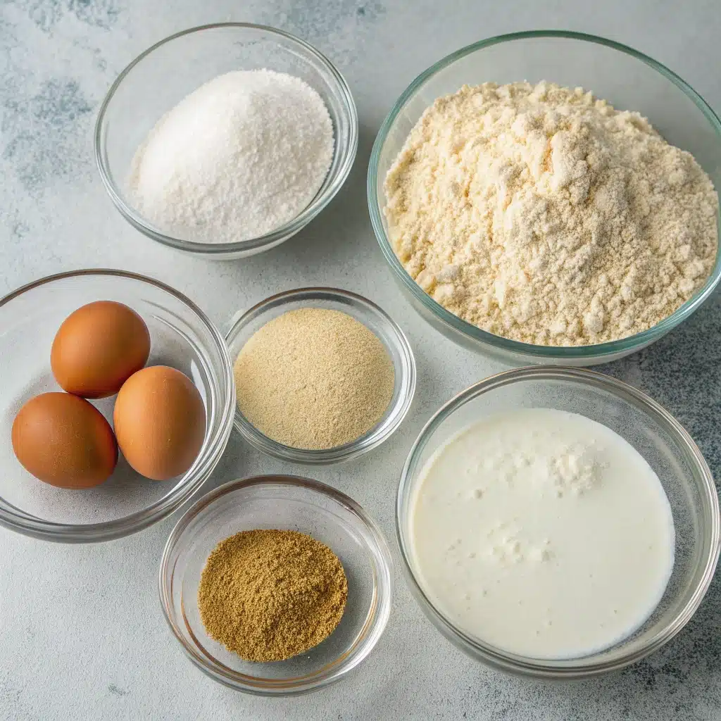 Ingredients for gluten free sandwich bread, including psyllium husk and various gluten-free flours, arranged on a slate background.