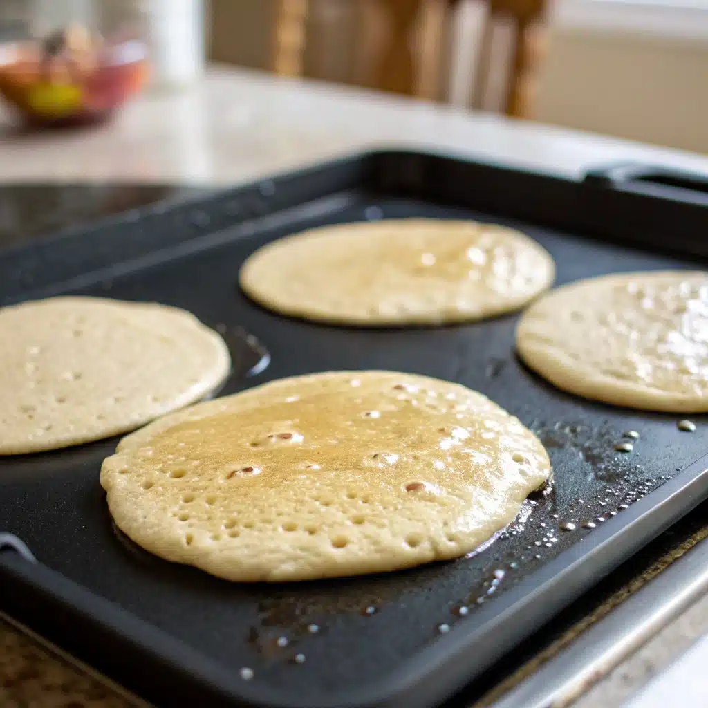 Three gluten free protein pancakes cooking on a griddle, with bubbles forming on top.