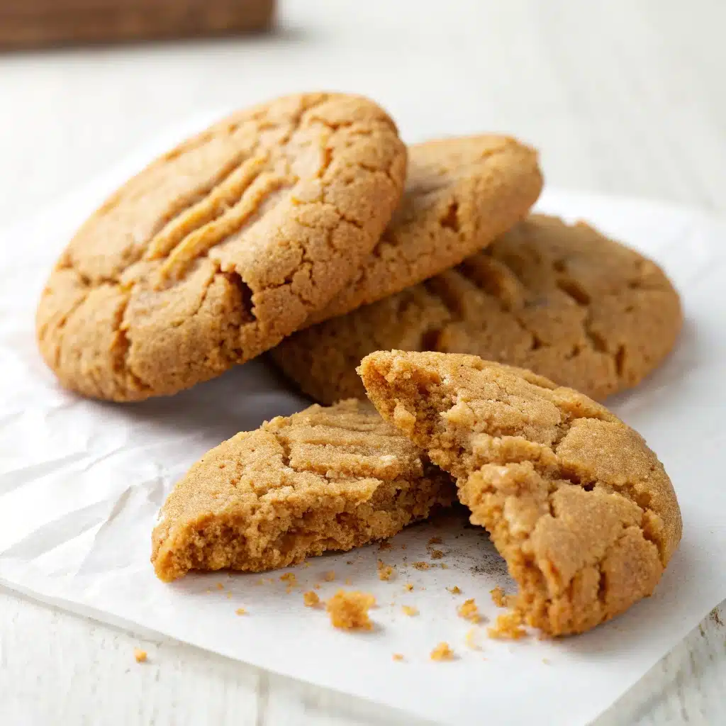 Two gluten free peanut butter cookies, one broken in half to show the soft, chewy center.