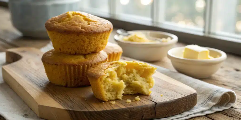 Two warm, golden-brown Gluten-Free Corn Muffins, one split to show the moist interior, on a rustic cutting board with melting butter.