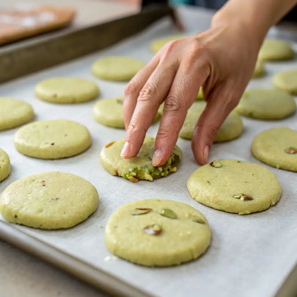Scooping the dough for gluten free vegan pistachio cookies and pressing the balls down slightly on a baking sheet before baking.