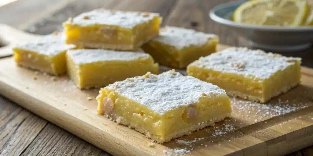 A beautiful platter of perfectly sliced Gluten-Free Lemon Bars dusted with powdered sugar.