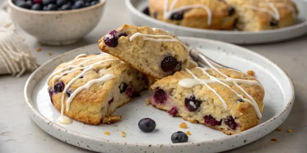 A plate of three perfectly baked gluten free blueberry scones, with one broken open to show the soft texture.