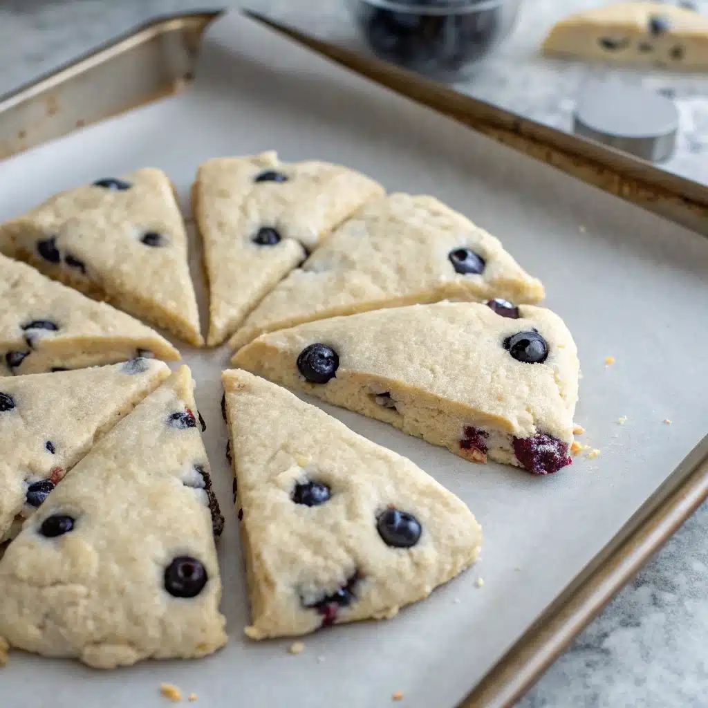 Raw, uncooked gluten free blueberry scones cut into wedges and arranged on a baking sheet, ready for chilling.
