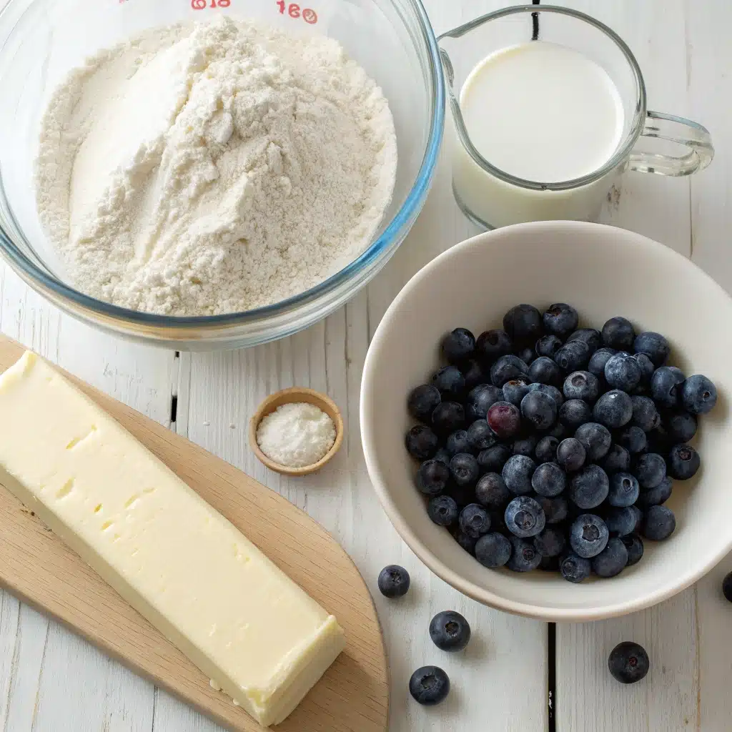 The ingredients needed for the gluten free blueberry scones recipe, including flour, cold butter, and fresh blueberries.