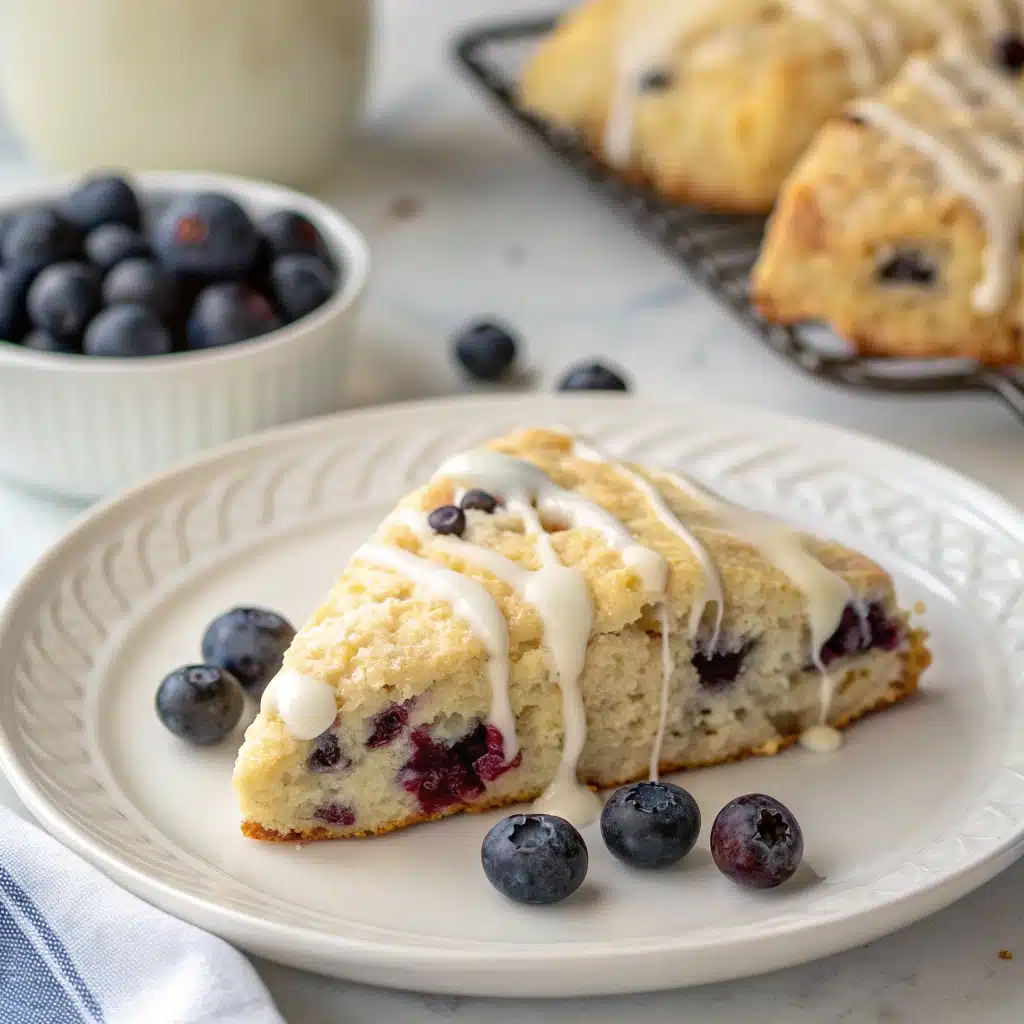 A single, flawless gluten free blueberry scone with a vanilla icing drizzle on a plate.