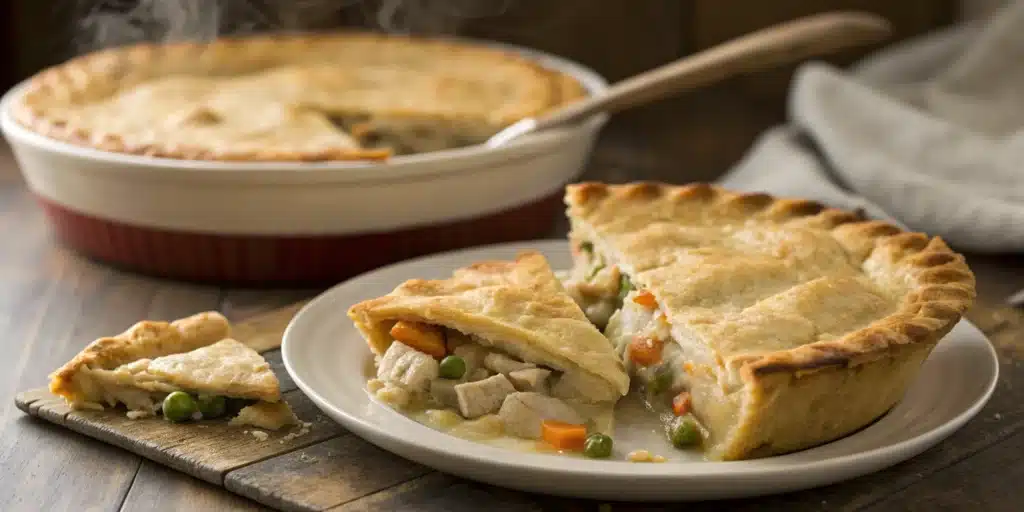 A whole gluten free chicken pot pie with a golden flaky crust, with one slice removed to show the creamy filling.