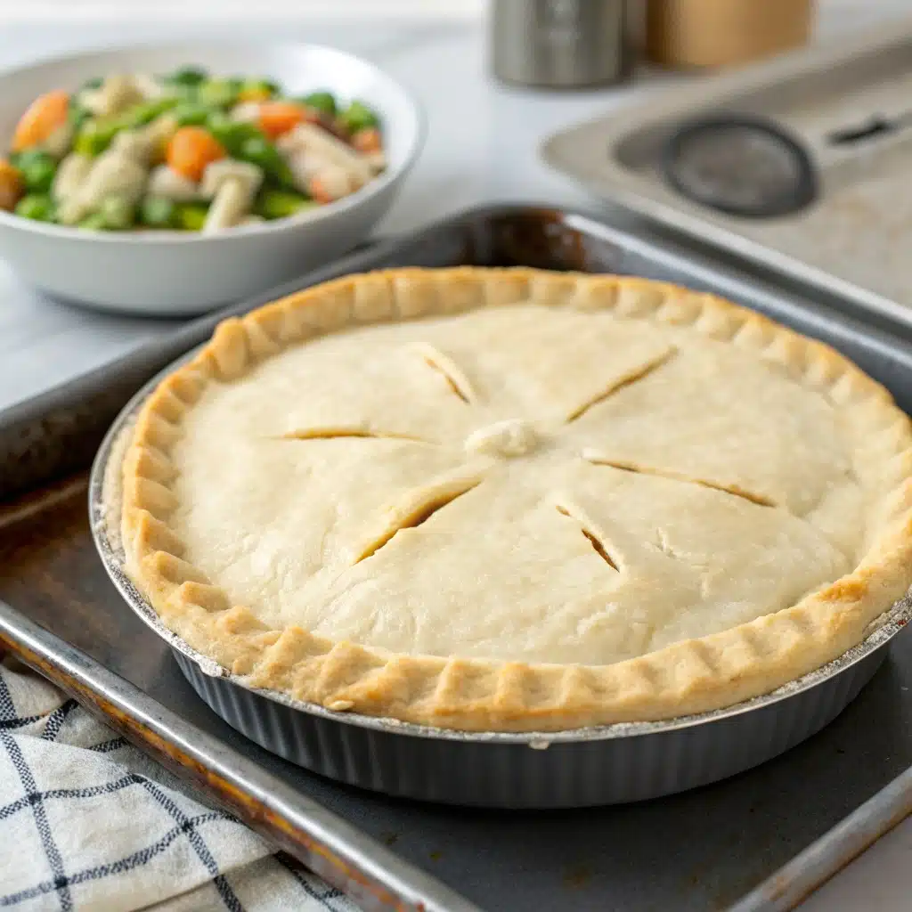 An unbaked gluten free chicken pot pie, with the top crust sealed and vented, ready to be baked.
