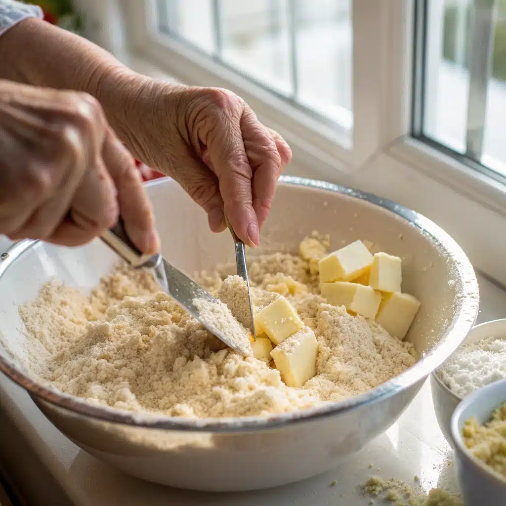 A baker's hands cutting cold butter into gluten-free flour to make the flaky pie crust.