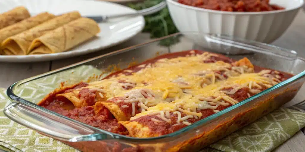 A large baking dish of cheesy and bubbling gluten free enchiladas, fresh out of the oven.