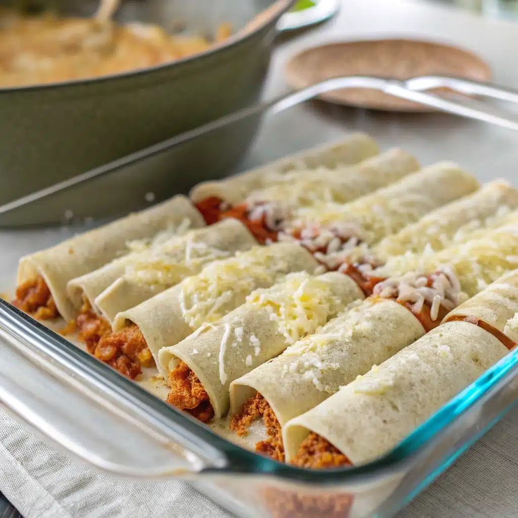 Placing a rolled gluten free enchilada into a baking dish with others.