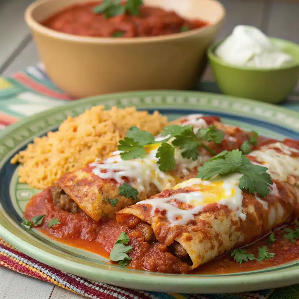 Two perfectly served gluten free enchiladas on a plate with melted cheese and cilantro.