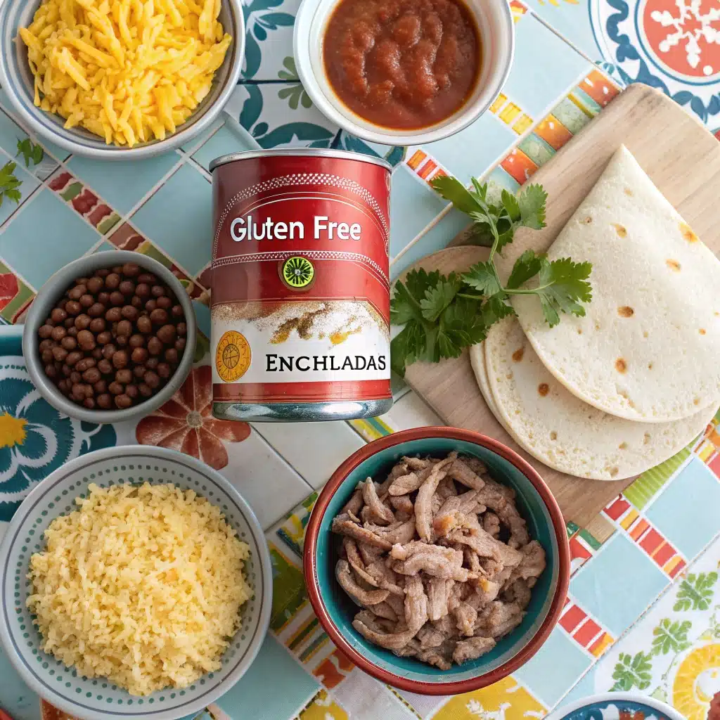 Ingredients for the gluten free enchiladas recipe, including corn tortillas, enchilada sauce, chicken, and cheese.