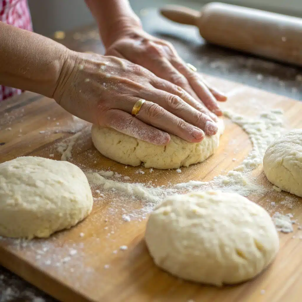 Hands shaping a portion of dough into a disk to form one of the gluten free english muffins before proofing.