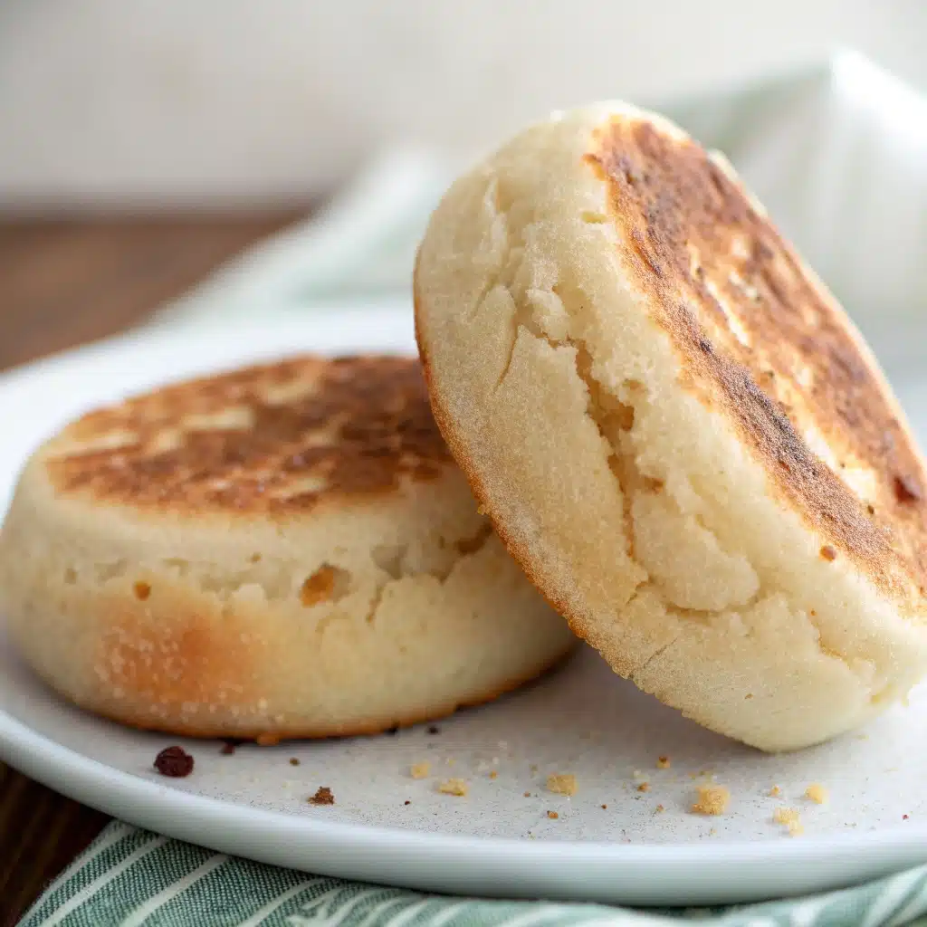  Tow gluten free english muffin, toasted and split open to highlight its perfect nooks and crannies.