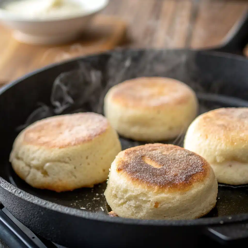 Four gluten free english muffins cooking slowly in a hot cast-iron skillet to achieve a golden-brown crust.