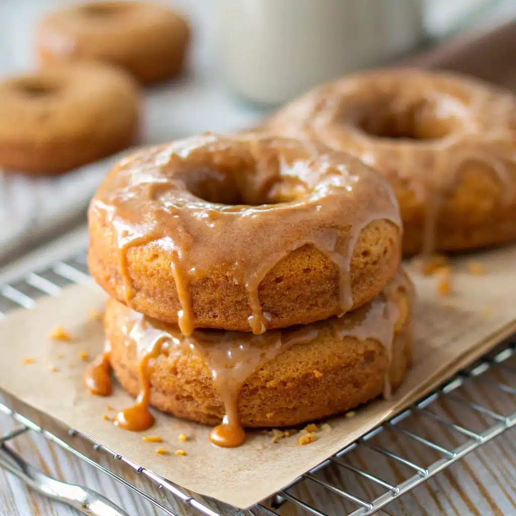 A close-up of a Gluten-Free Pumpkin Donut with a bite taken to show the moist cakey interior.