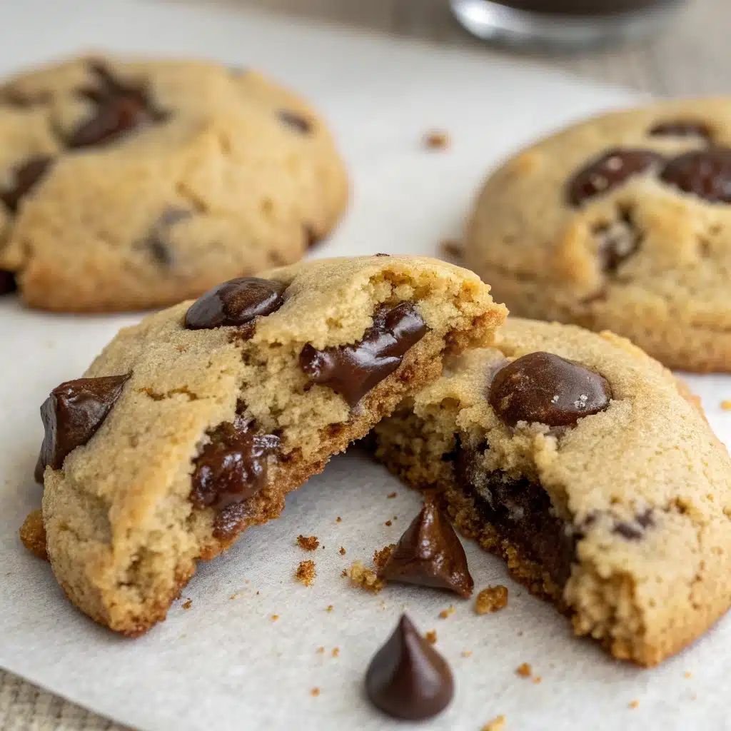  A close-up of an Almond Flour Chocolate Chip Cookie broken in half to show the chewy inside.