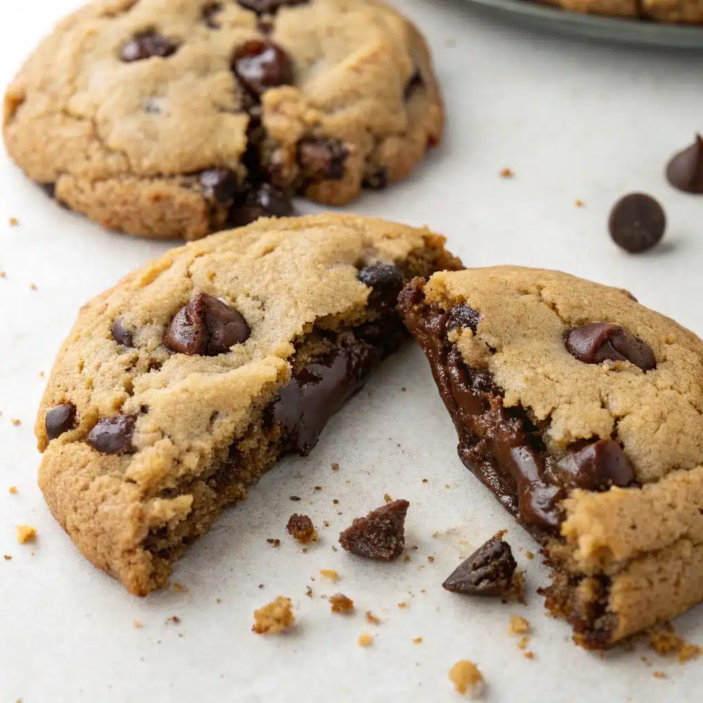 A close-up of a Gluten-Free Chocolate Chip Cookie broken in half with a gooey chocolate pull.