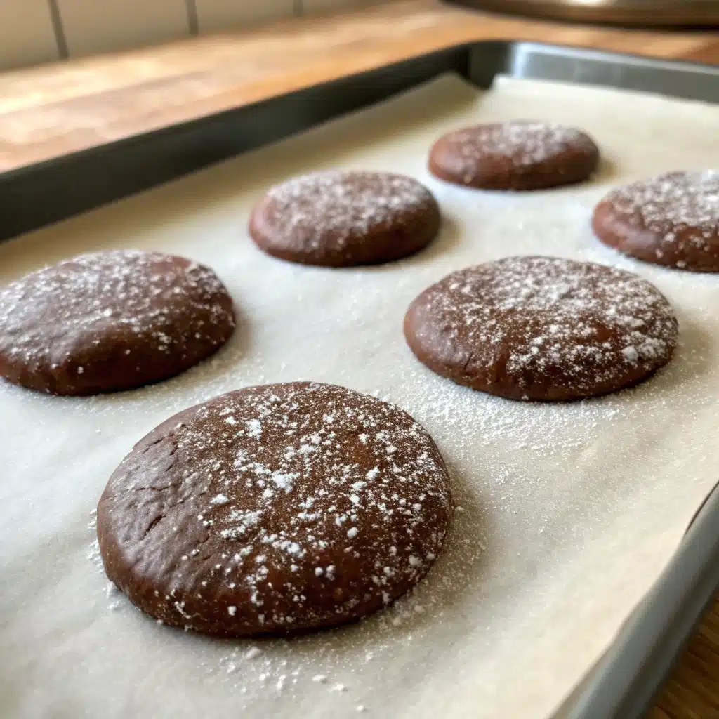 Gluten-Free Chocolate Crinkle Cookies on a baking sheet, coated in powdered sugar and ready to bake.