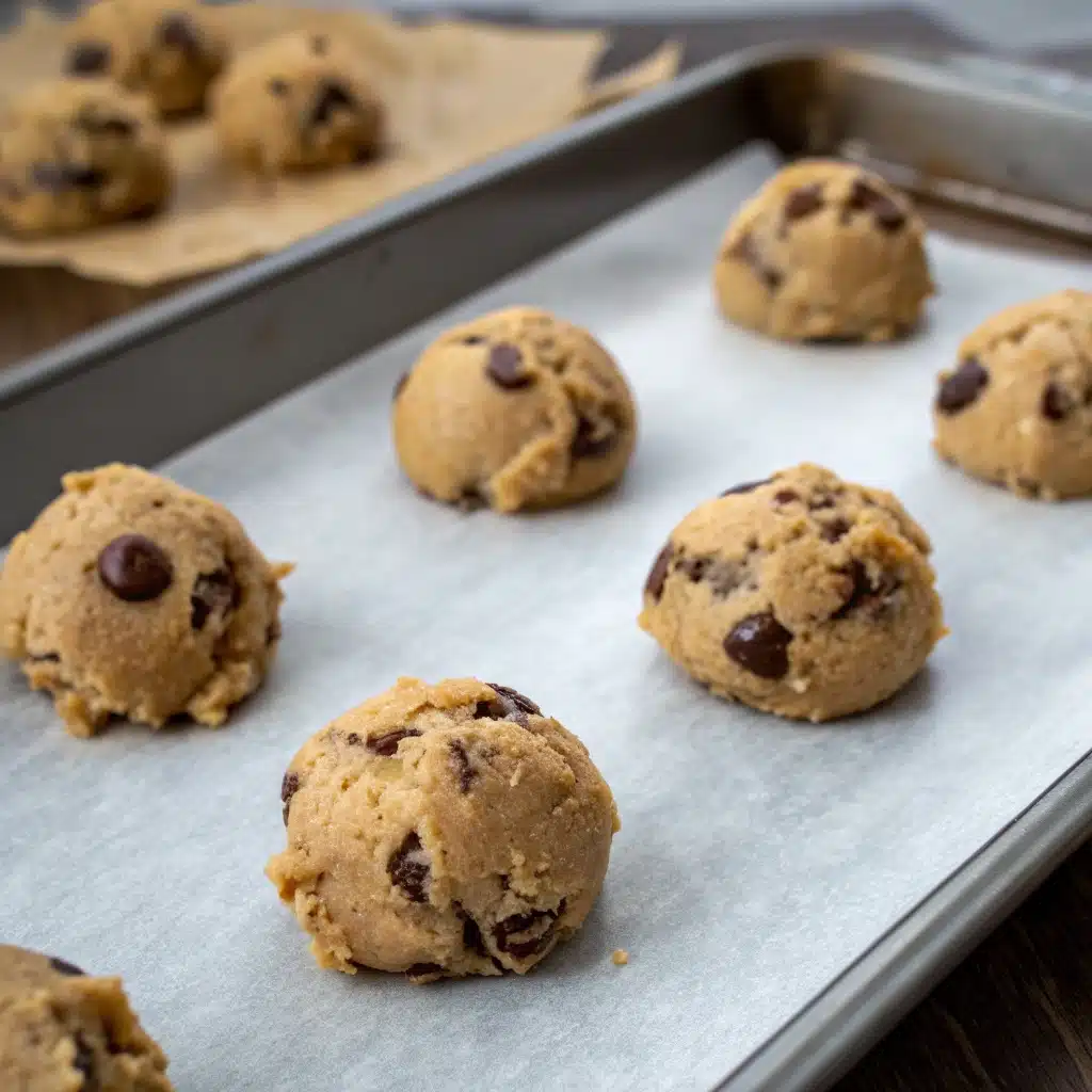 Round balls of Gluten-Free Chocolate Chip Cookie dough on a baking sheet before baking.