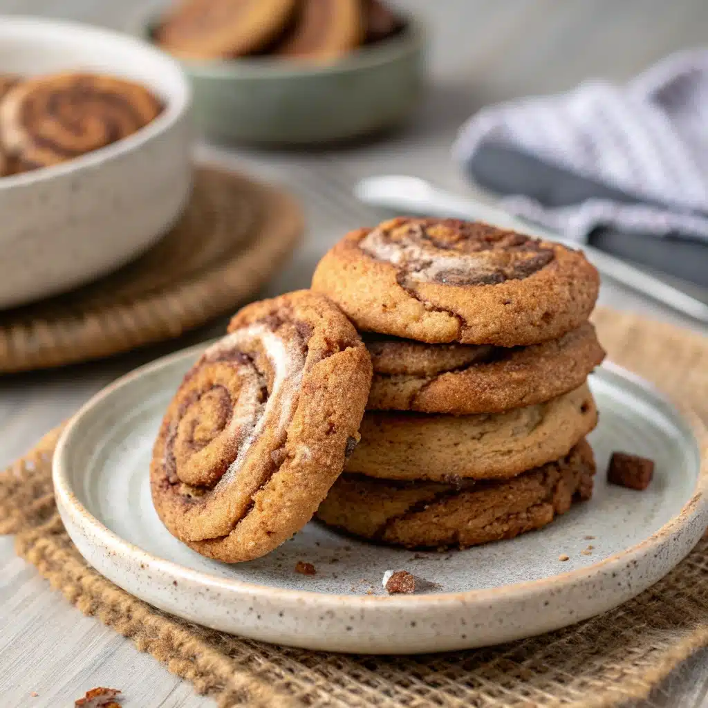 A close-up of a single Cinnamon Roll Cookie broken in half to show the chewy texture and filling.