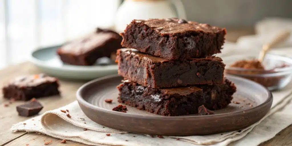 A stack of three fudgy and moist Sweet Potato Brownies (Gluten-Free and Vegan).