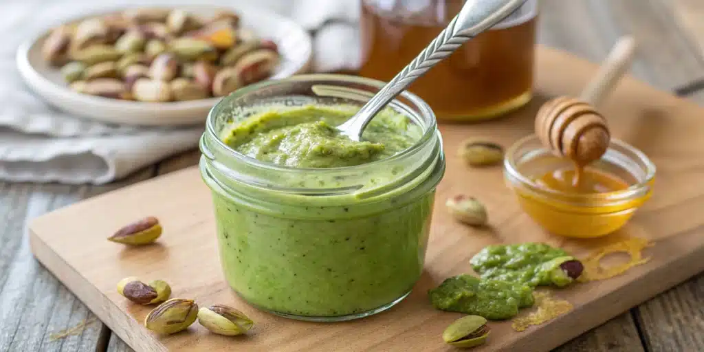 A jar of vibrant green Homemade Pistachio Butter with a spoon.