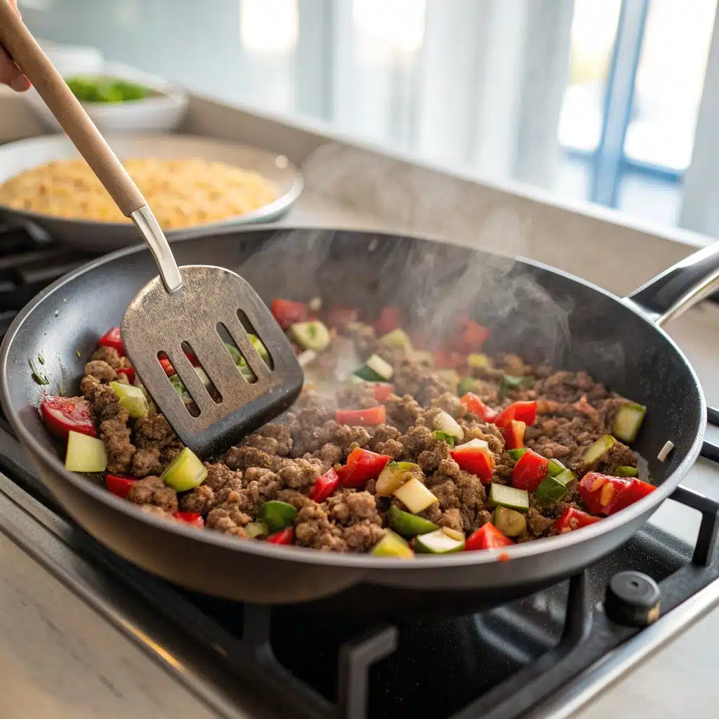 Browning ground beef and sautéing fresh vegetables in a large skillet.