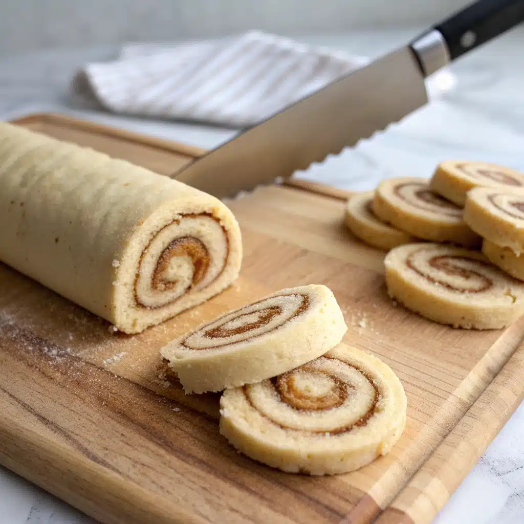 Slicing the chilled log of dough into individual Cinnamon Roll Cookies.