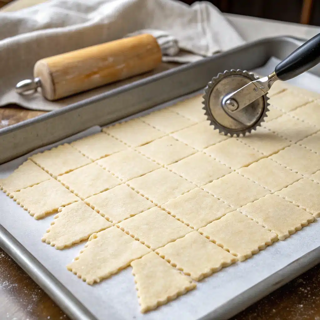 Uncooked almond flour cracker dough scored into squares on a baking sheet, ready for the oven.