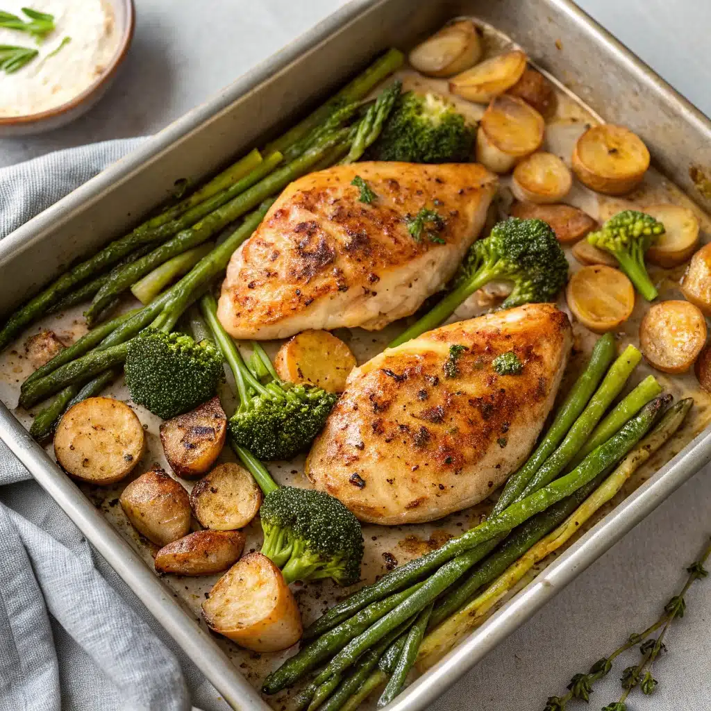 A full, cooked Sheet Pan Garlic Butter Chicken and Veggies fresh out of the oven.