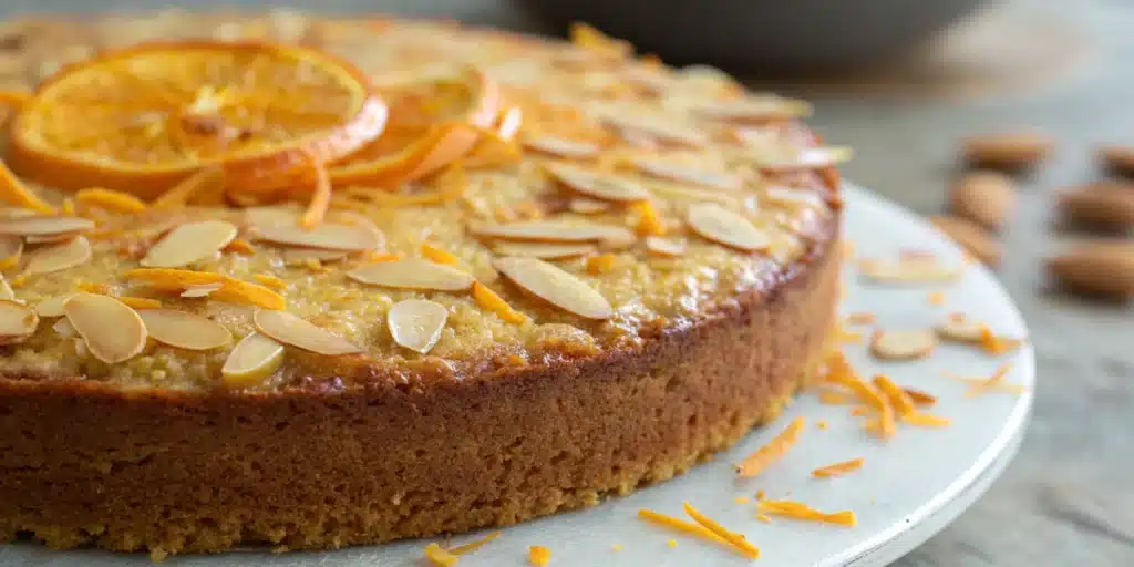 An elegant Gluten-Free Almond Orange Cake on a cake stand, decorated with almonds and powdered sugar.