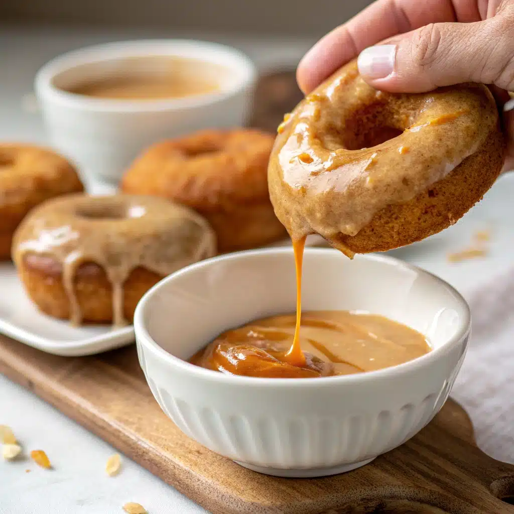 A hand dipping a warm Gluten-Free Pumpkin Donut into a bowl of maple glaze.