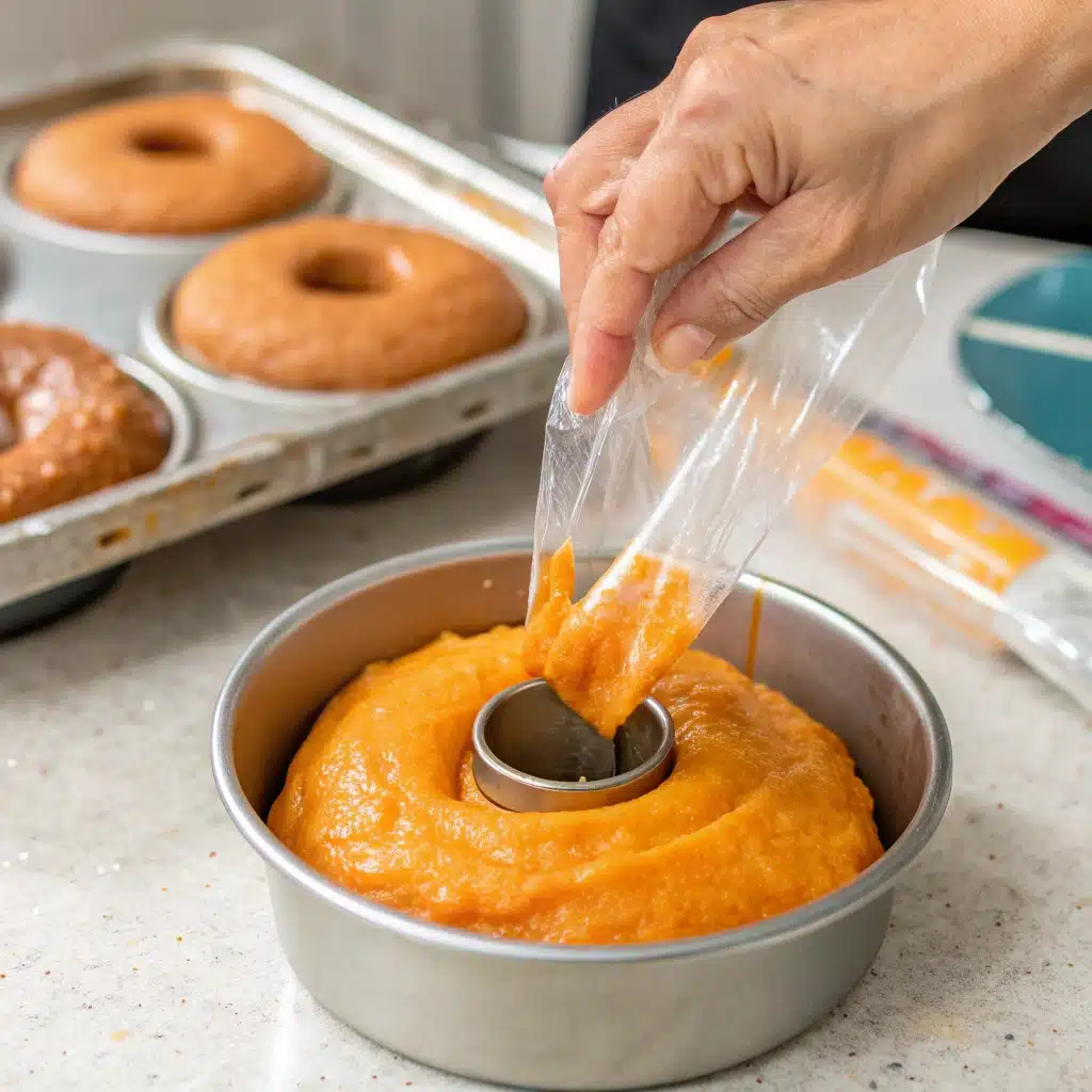 Piping the thick pumpkin batter into a donut pan using a plastic bag.