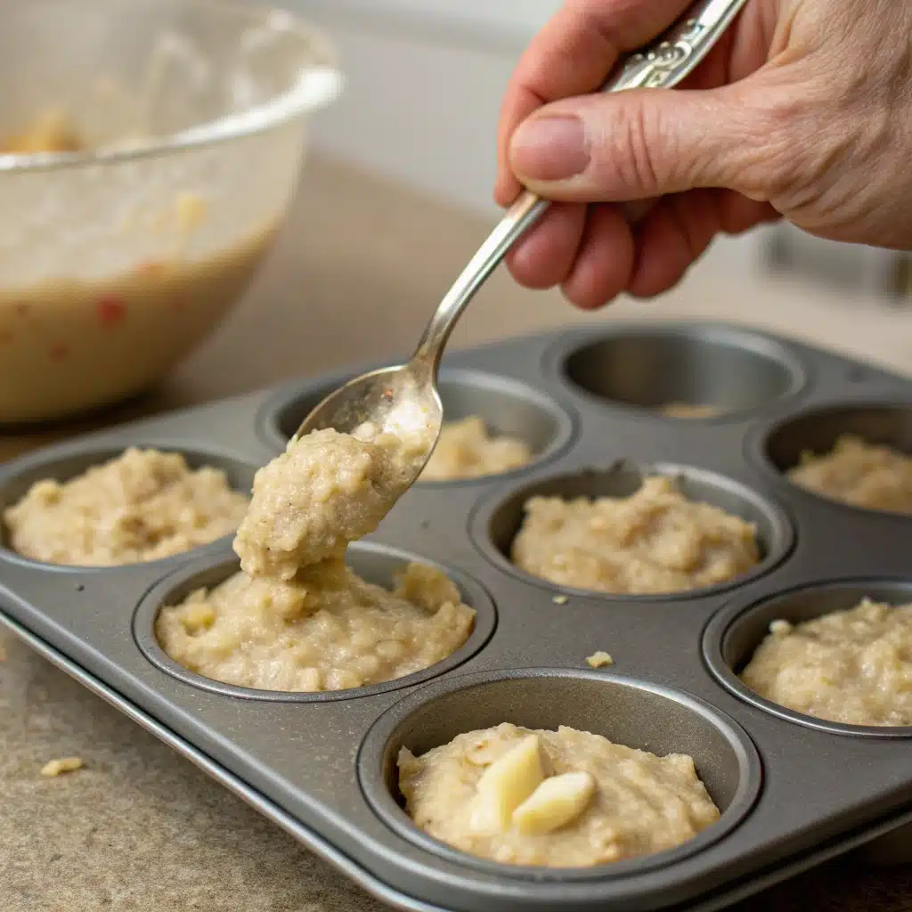 Dipping a baked mini apple muffin into a bowl of cinnamon sugar.