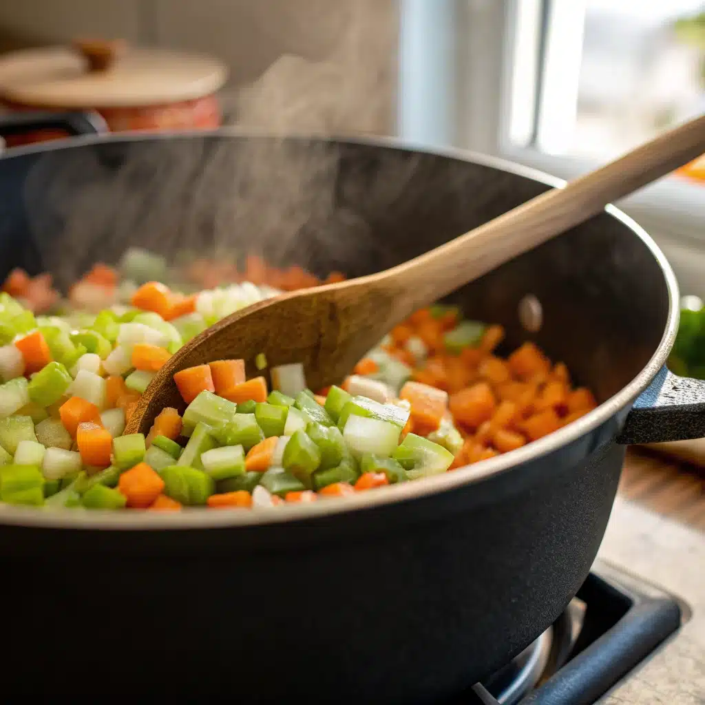Sautéing diced carrots, celery, and onions in a large soup pot.