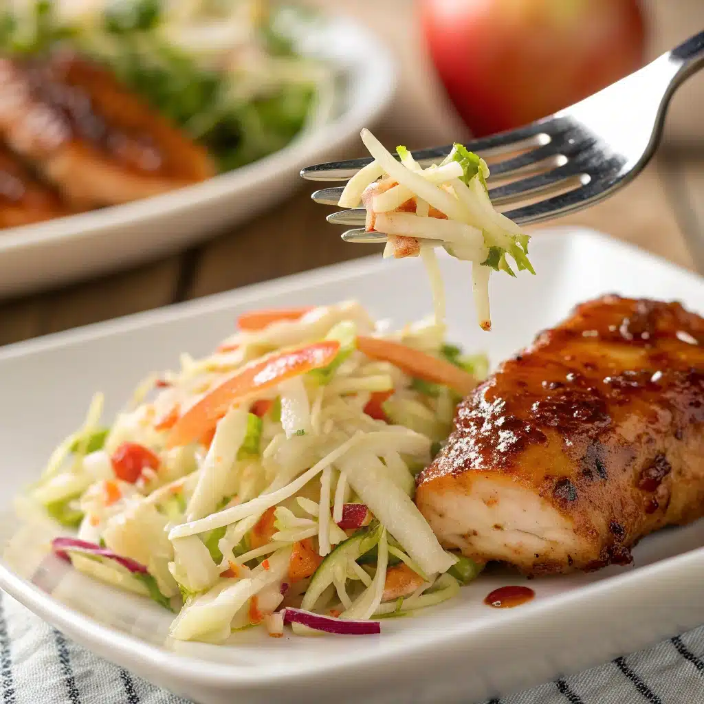 A close-up bite of apple slaw and sticky chicken.