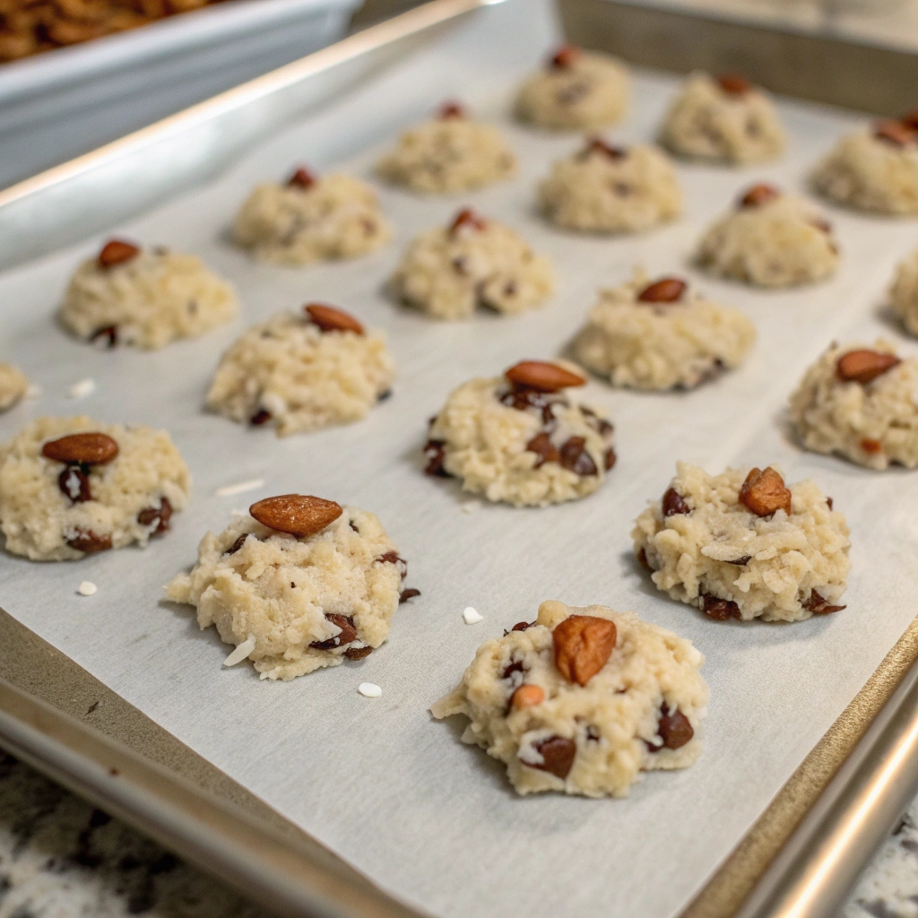 Unbaked mounds of Almond Joy cookie dough flattened on a baking sheet.