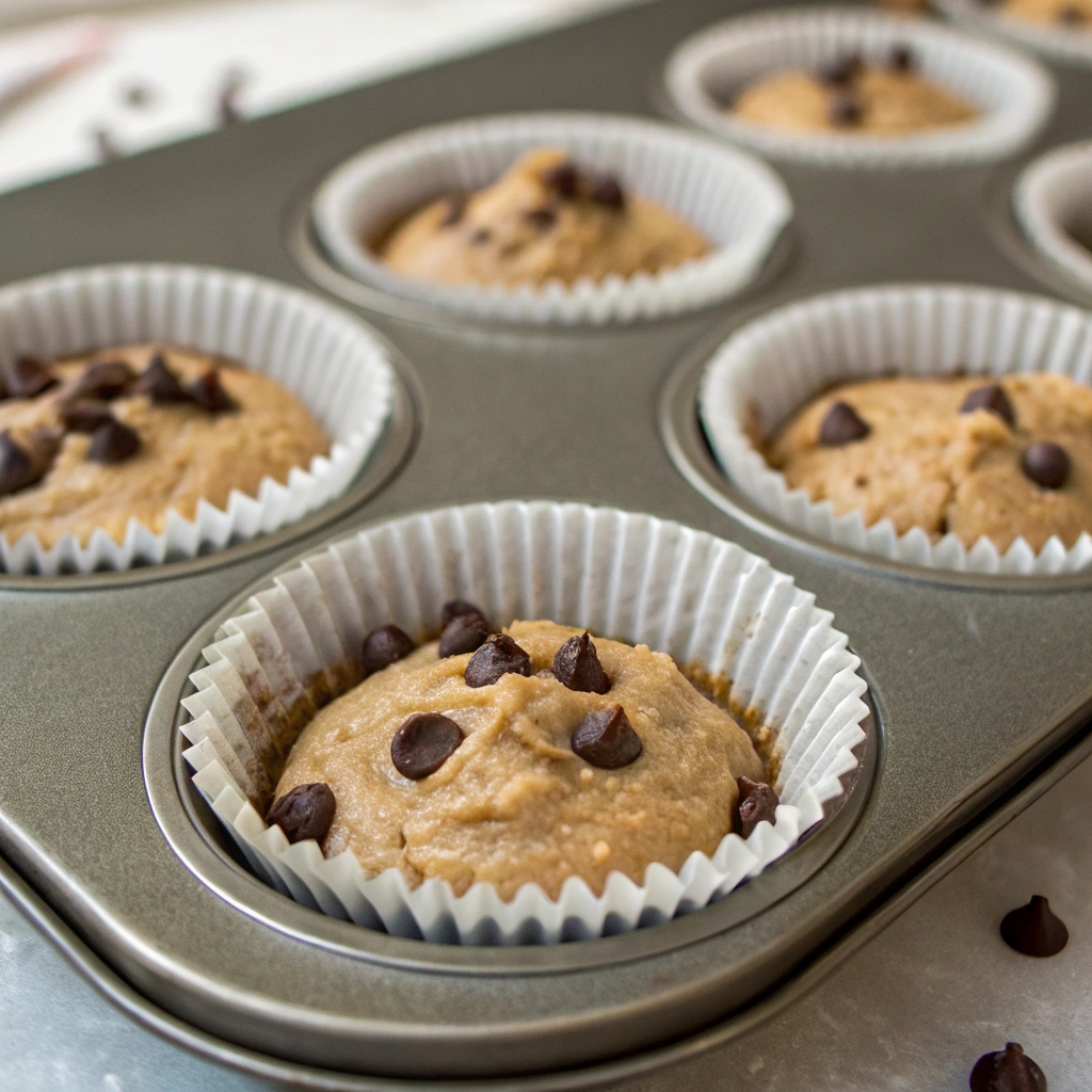 Muffin liners filled to the top with batter, ready to be baked into tall muffins.