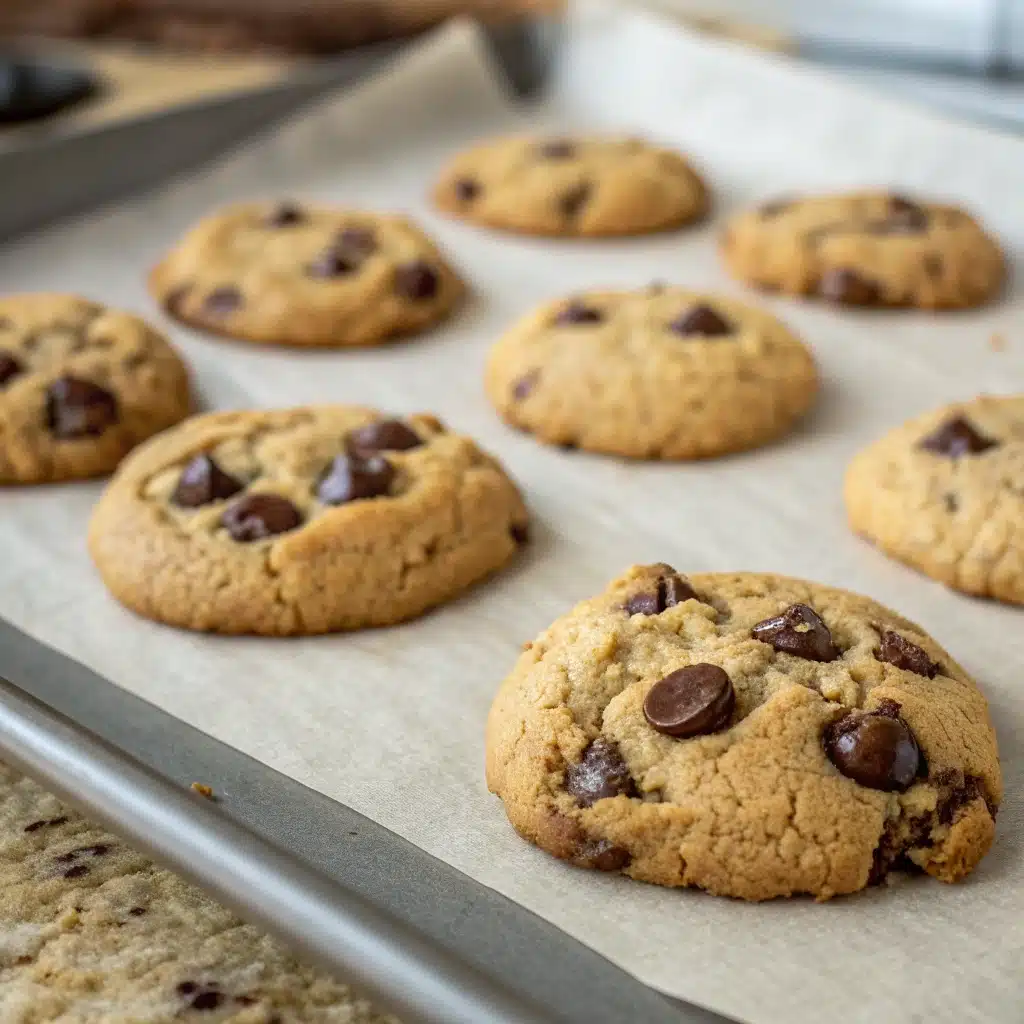  A tray of freshly baked Almond Flour Chocolate Chip Cookies cooling on the pan.