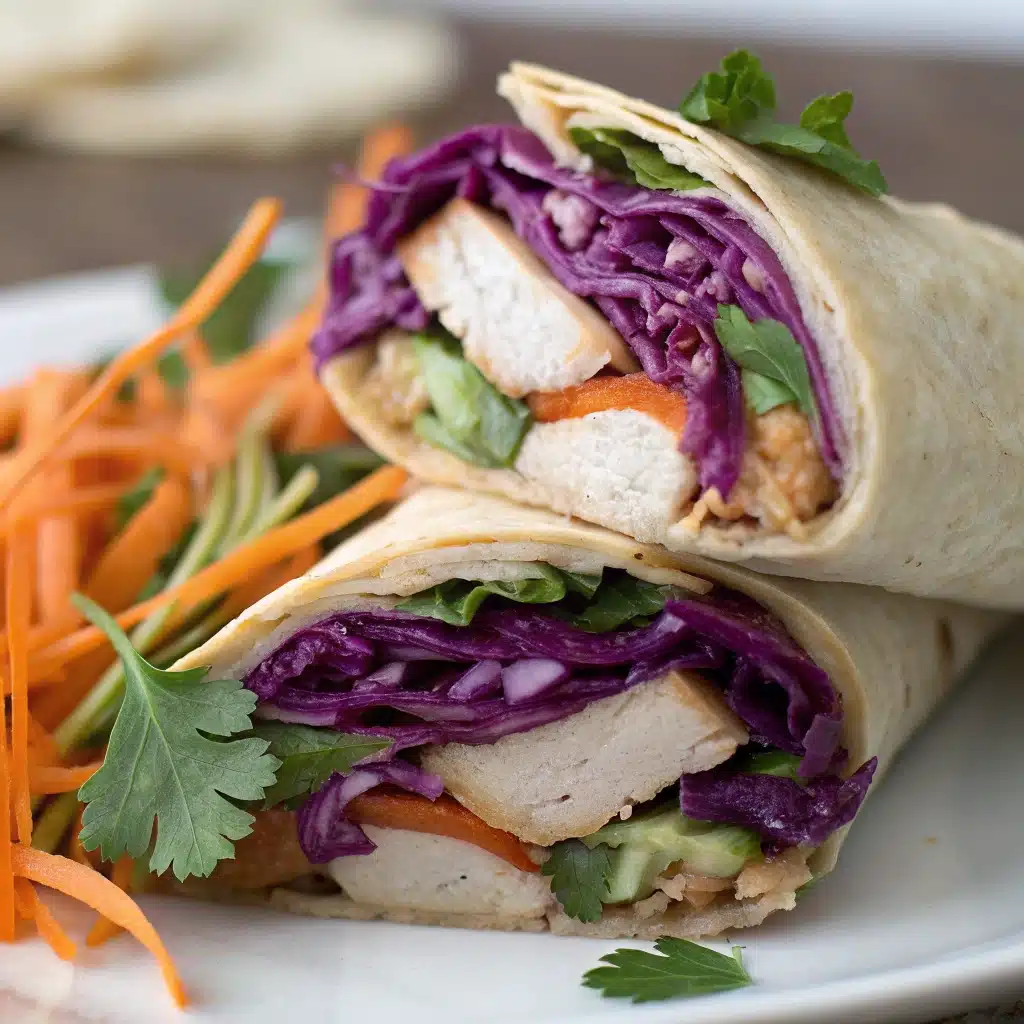 A close-up cross-section of a Gluten-Free Chicken Wrap showing the colorful layers.