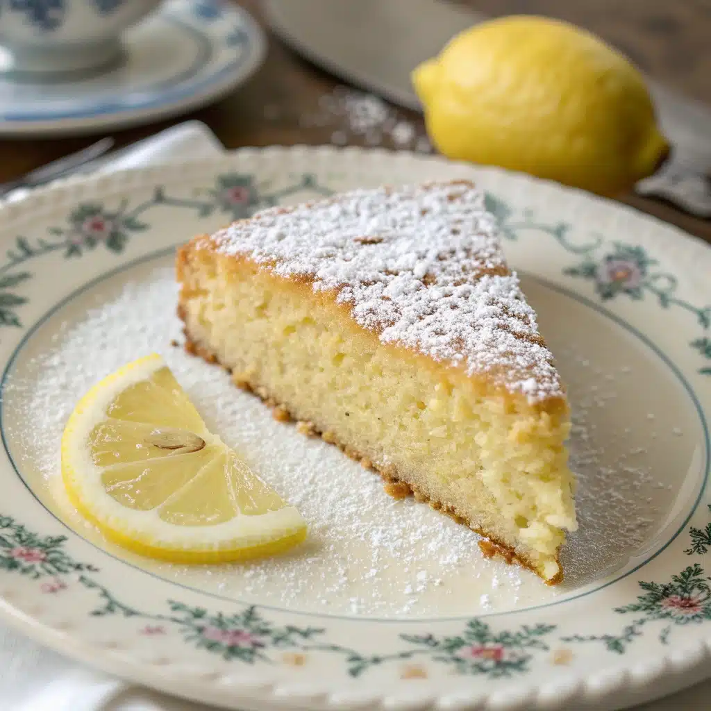 A close-up slice of moist Flourless Lemon Almond Cake showing its tender crumb.