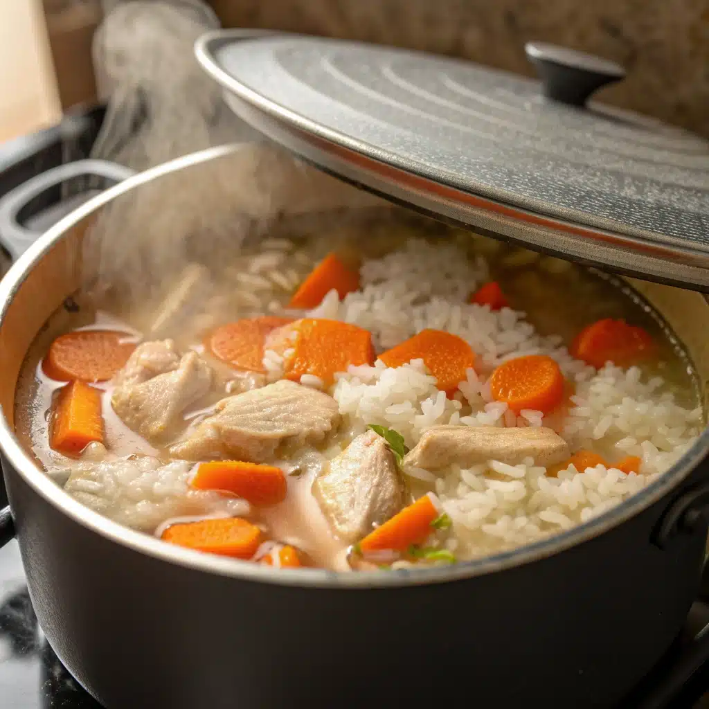 A pot of chicken, rice, and carrots simmering on the stove.