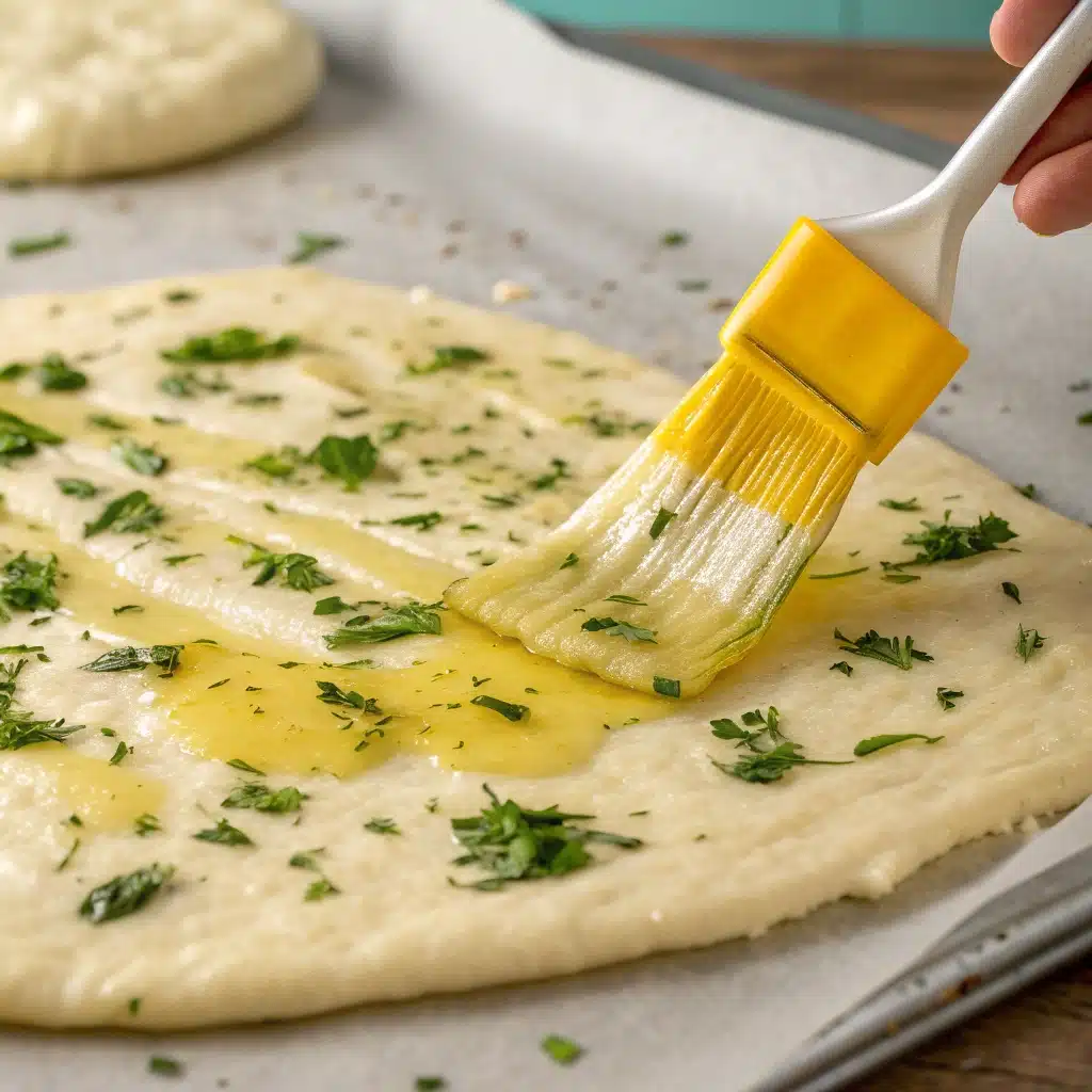 Brushing garlic and herb butter onto the raw gluten-free pizza dough.