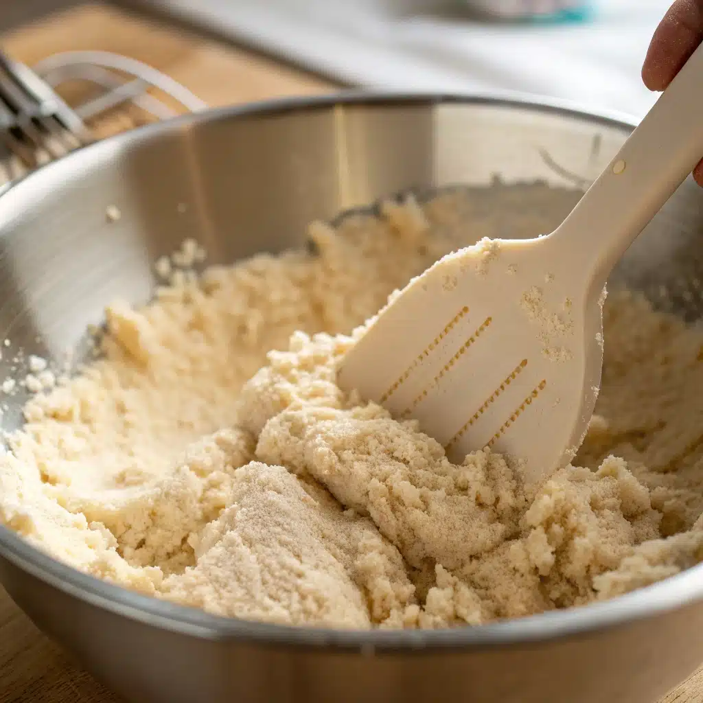 Folding almond flour into the wet ingredients to create the cake batter.