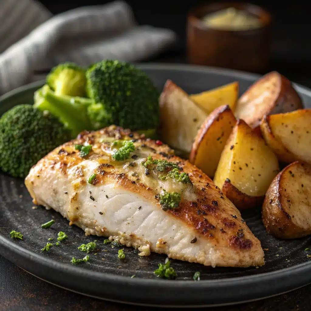 A close-up of a slice of juicy chicken next to a crispy potato and broccoli.